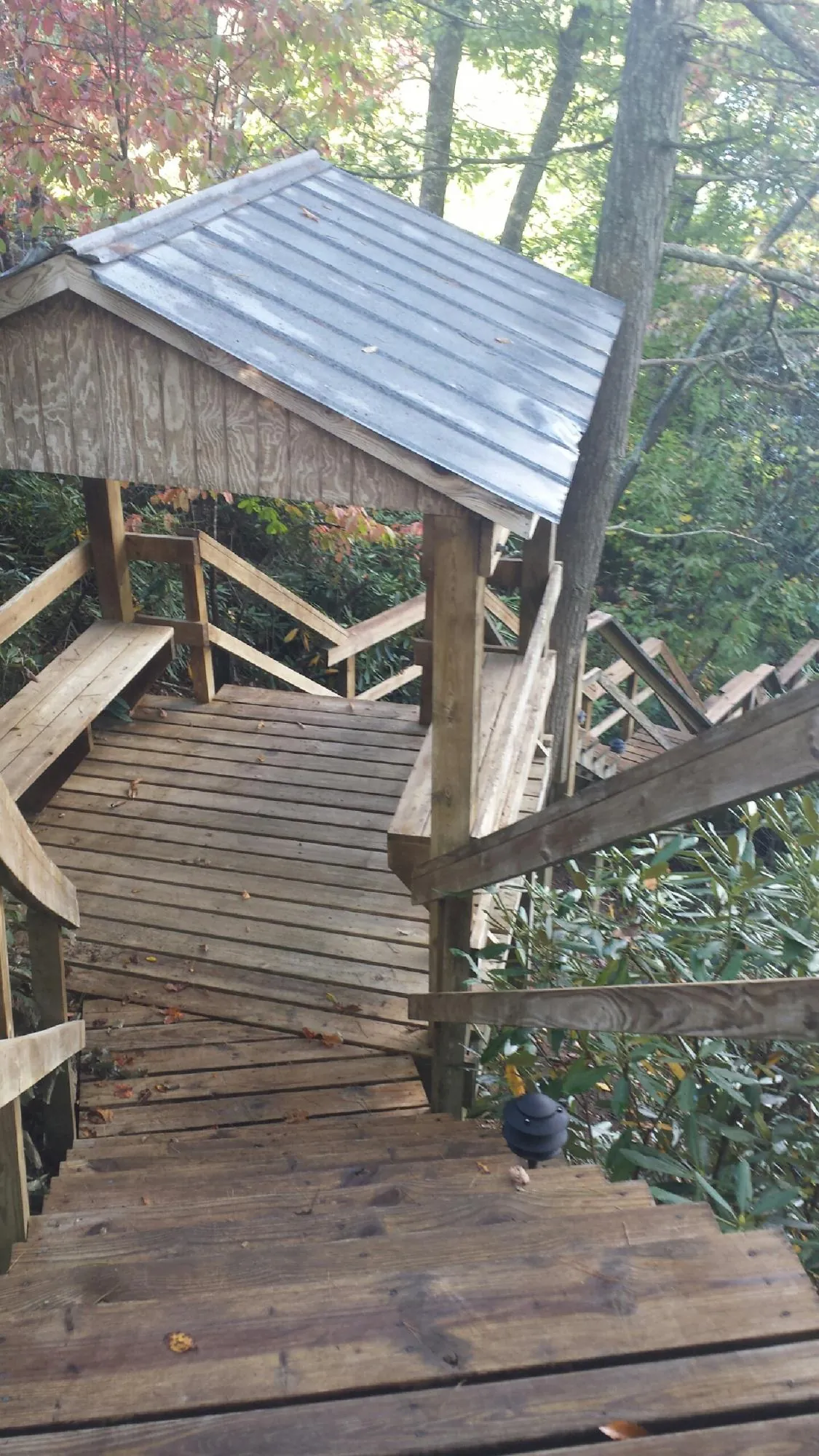 Metal roofed shelter over wooden steps on a wooded walkway — Skylight Repair & Installation work by our crew in Essig